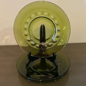 Set of 3 Vintage Indiana Green Glass Kings Crown Thumbprint 8" Snack Plates